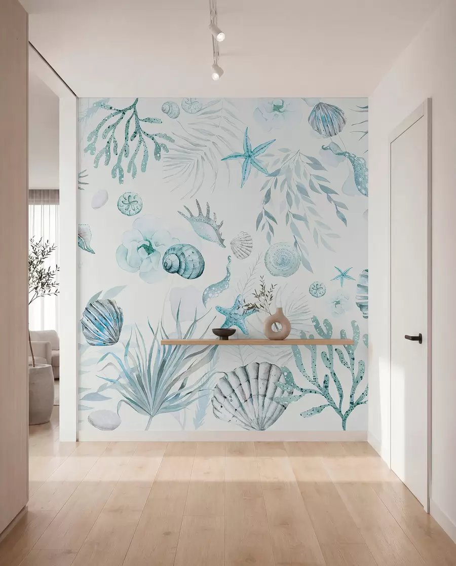 Fotobehang Waterverf marien patroon, boho-stijl, schelpen, koralen, katoen, blauwe kleuren w00851v1