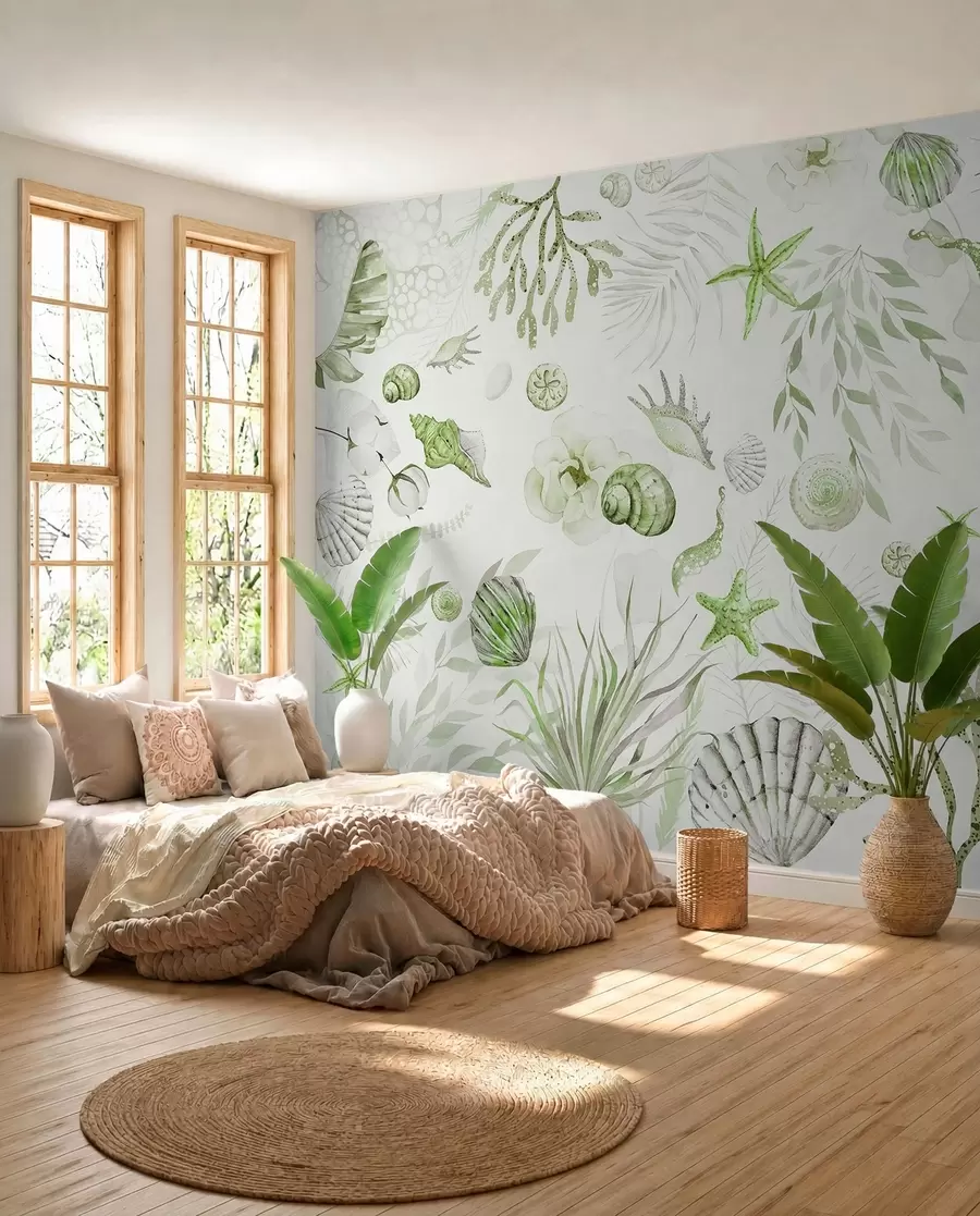 Fotobehang Waterverf marien patroon, boho-stijl, schelpen, koralen, katoen, groene kleuren w00851v2