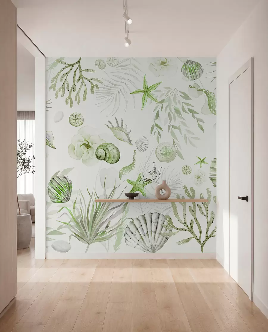 Fotobehang Waterverf marien patroon, boho-stijl, schelpen, koralen, katoen, groene kleuren w00851v2