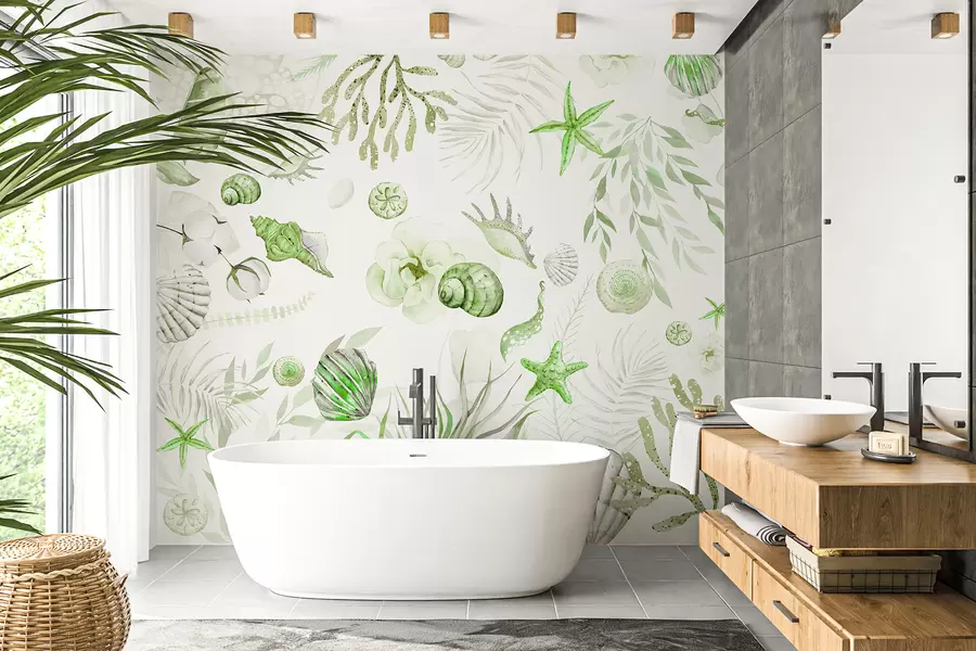 Fotobehang Waterverf marien patroon, boho-stijl, schelpen, koralen, katoen, groene kleuren w00851v2