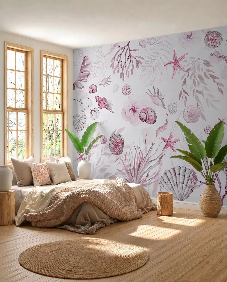 Fotobehang Waterverf marien patroon, boho-stijl, schelpen, koralen, katoen, roze kleuren w00851v3