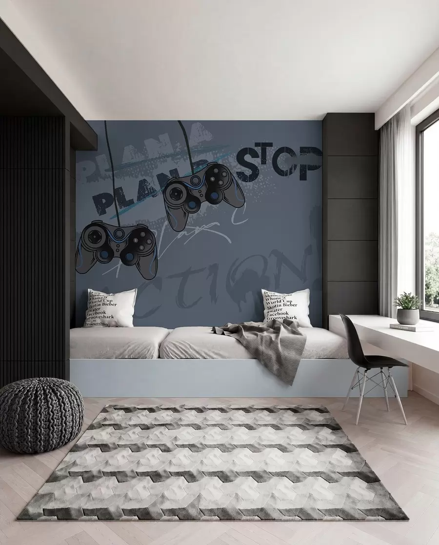 Fotobehang Kinderbehang voor tieners met joysticks en grafische letters in blauw w00829