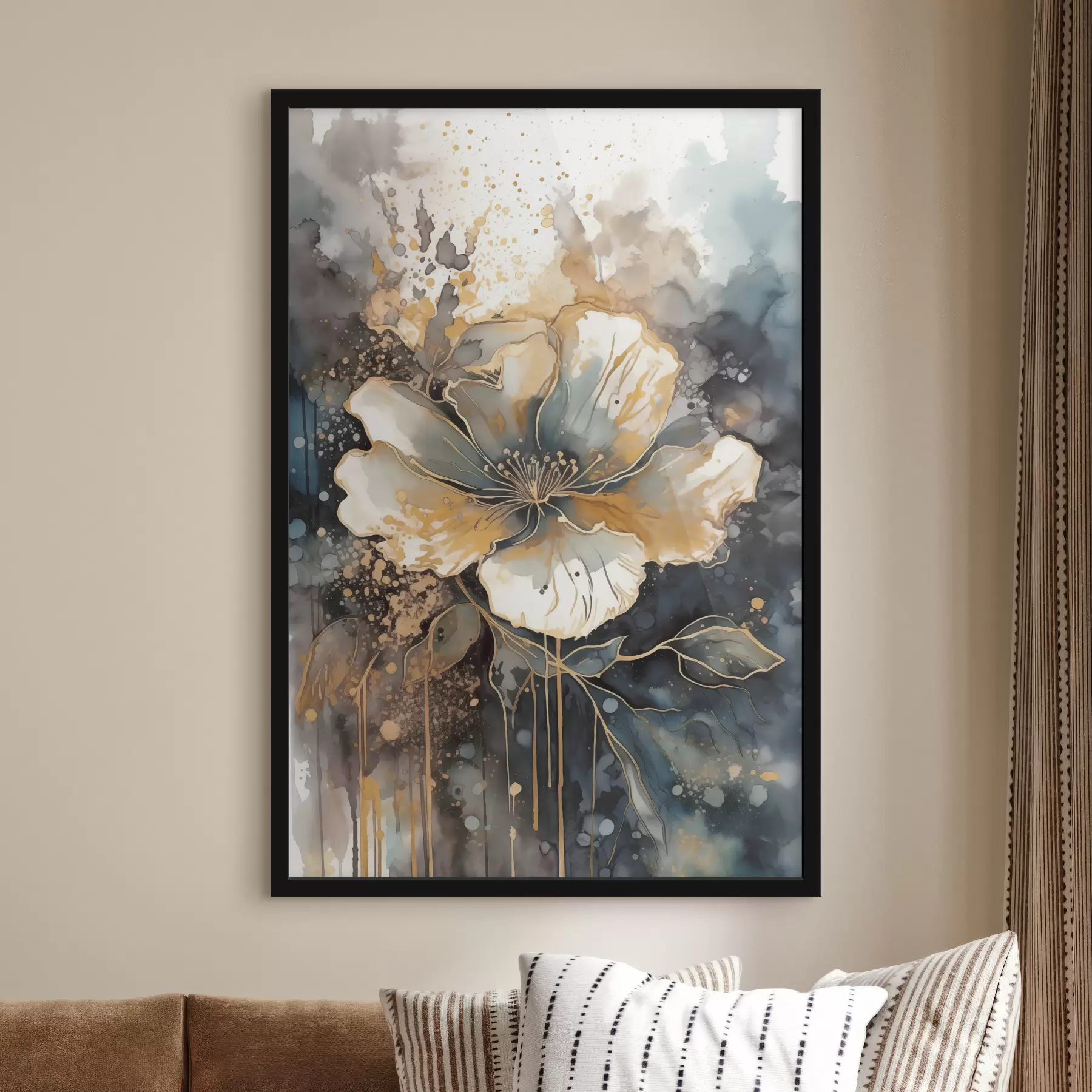 Fotobehang Abstracte bloem op een aquarelachtergrond met verfspatten f38989