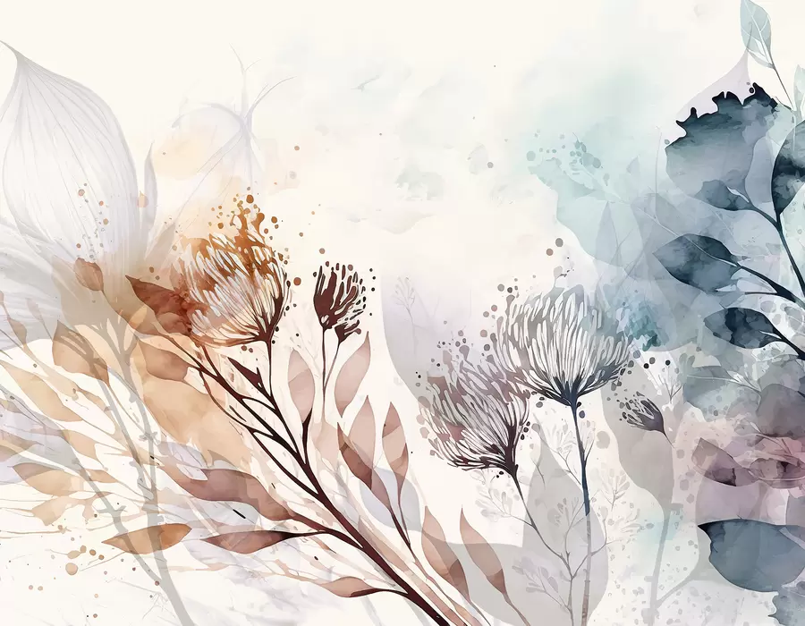 Fotobehang Delicate bloemenabstracte, gestileerde bloemen en planten vormen elementen in gedempte, aardse tinten aquarelkunst w00898