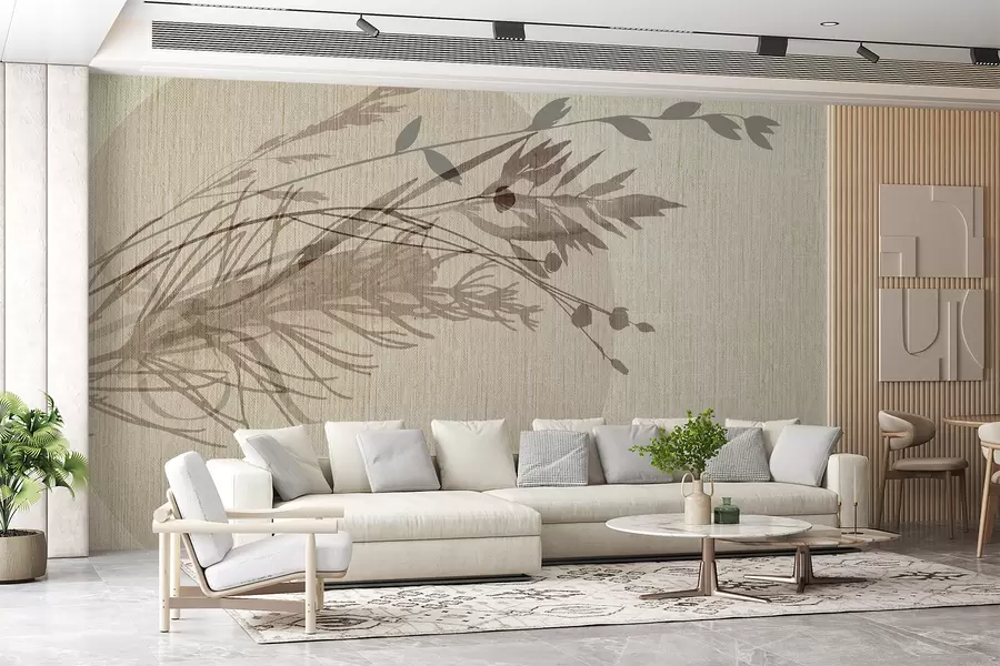 Fotobehang Een minimalistische illustratie van een ronde vorm met abstracte plantachtige elementen in gedempte aardetinten w00902