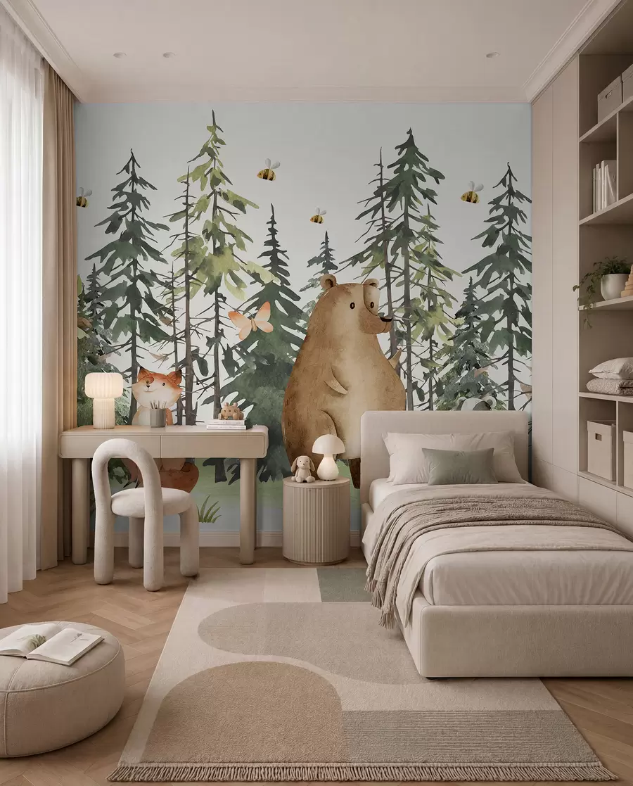 Fotobehang Een bostafereel met dieren en diverse dennenbomen op de achtergrond w00905