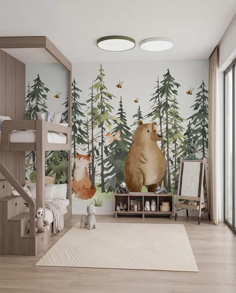 Fotobehang Een bostafereel met dieren en diverse dennenbomen op de achtergrond w00905