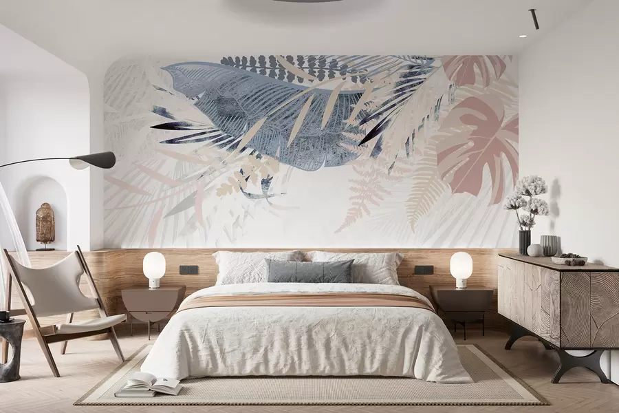 Fotobehang Modern botanisch ontwerp tropisch palmbladpatroon met verschillende tinten blauw, grijs en roze w00908