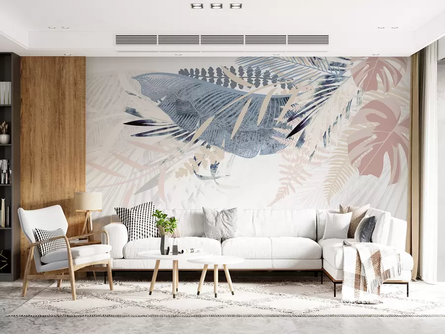 Fotobehang Modern botanisch ontwerp tropisch palmbladpatroon met verschillende tinten blauw, grijs en roze w00908