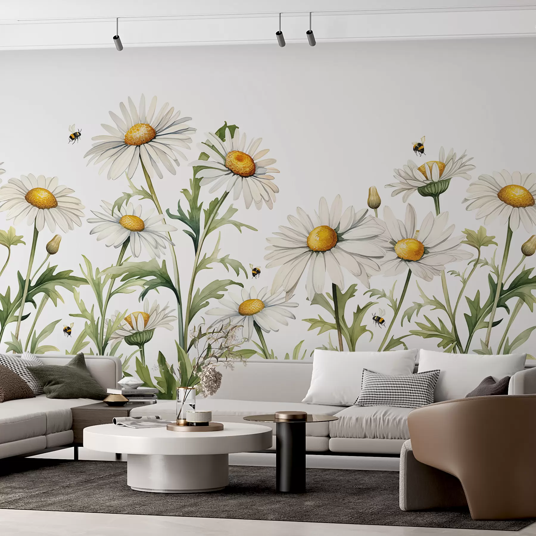 Fotobehang Witte madeliefjes bloeien, bijen vliegen aquarel plant illustratie, groene, witte, gele kleur w01176