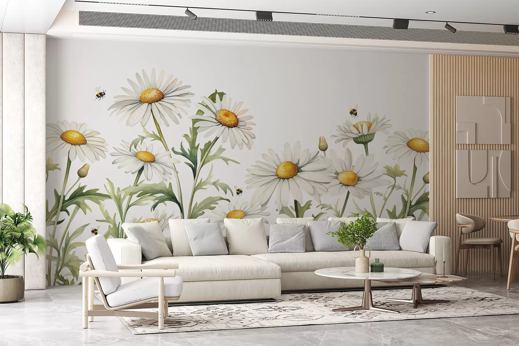 Fotobehang Witte madeliefjes bloeien, bijen vliegen aquarel plant illustratie, groene, witte, gele kleur w01176