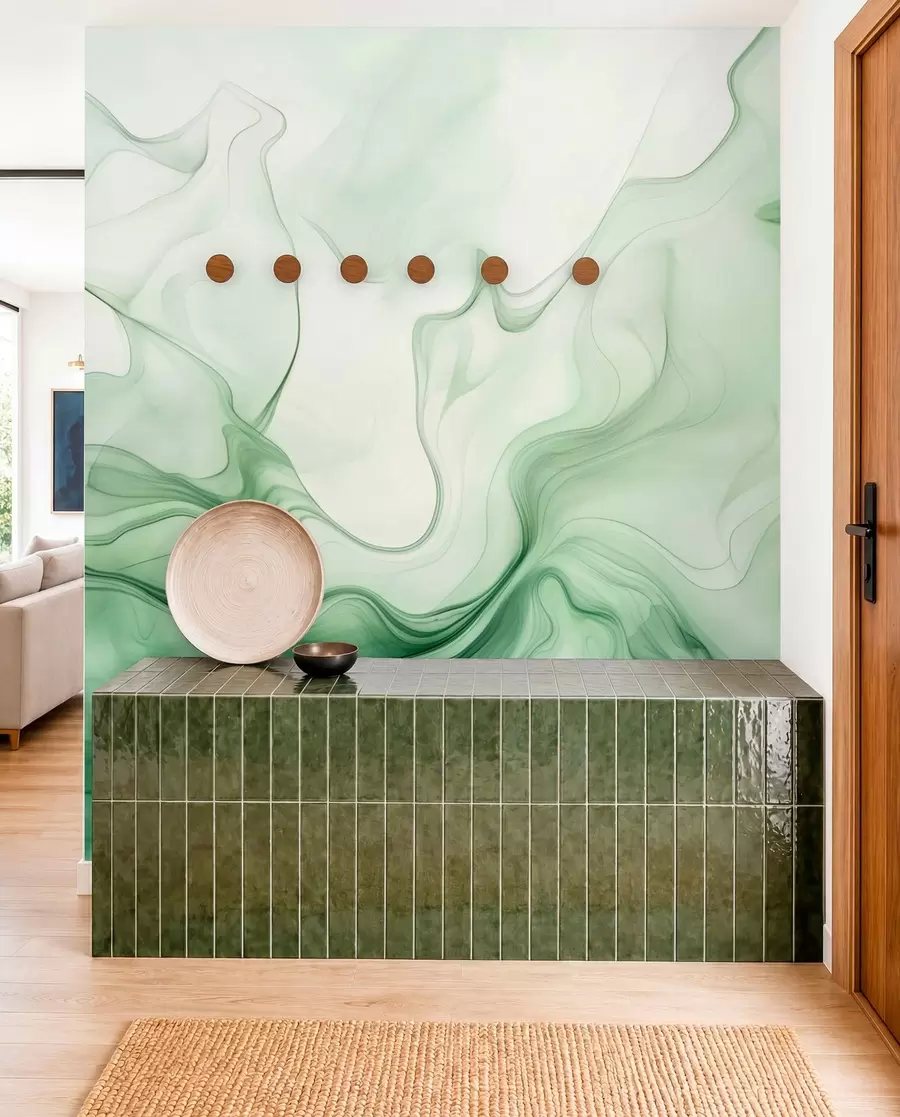 Fotobehang Groene abstracte golven op een lichte achtergrond w01185
