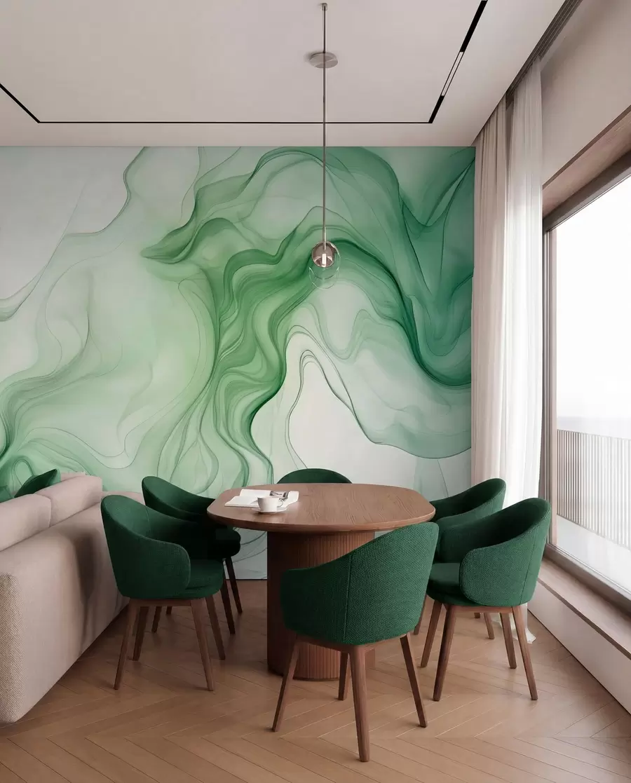 Fotobehang Groene abstracte golven op een lichte achtergrond w01185