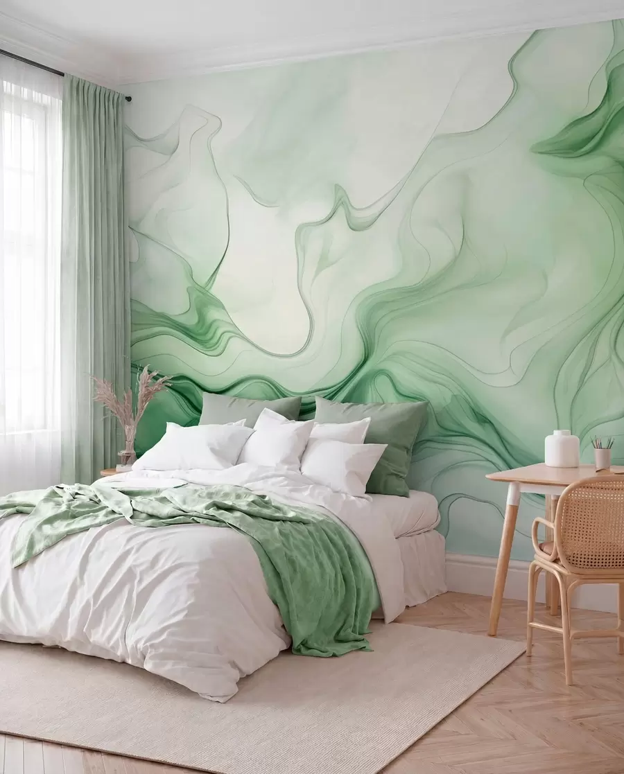 Fotobehang Panoramische groene abstracte golven op een lichte achtergrond w01185d1