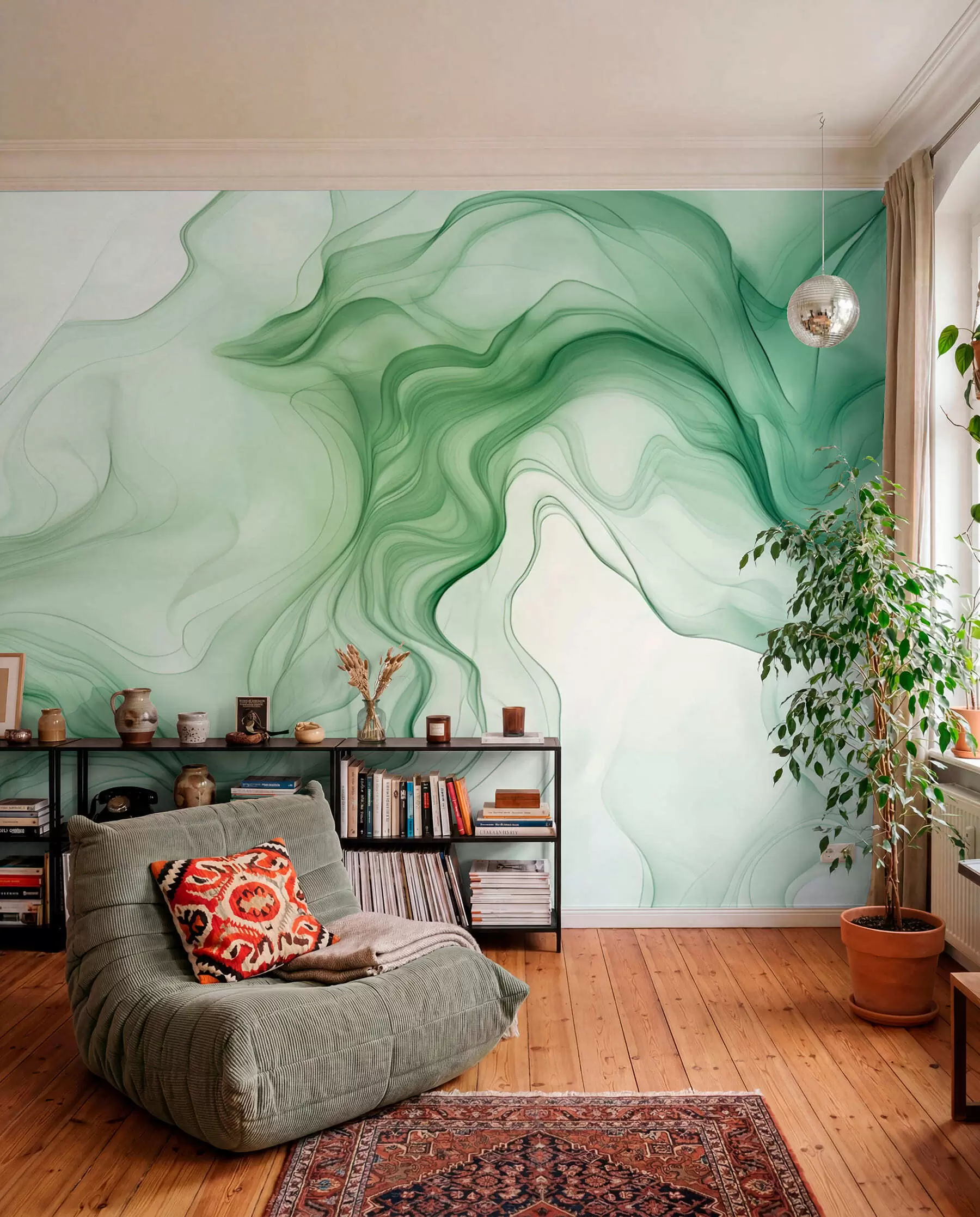 Fotobehang Panoramische groene abstracte golven op een lichte achtergrond w01185d1