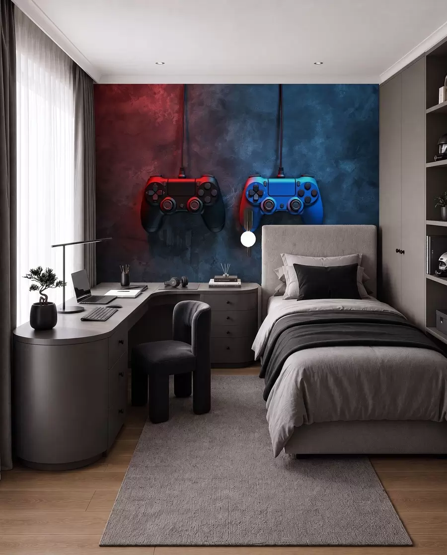 Fotobehang zwart en blauw DualShock op een donkere achtergrond w01189