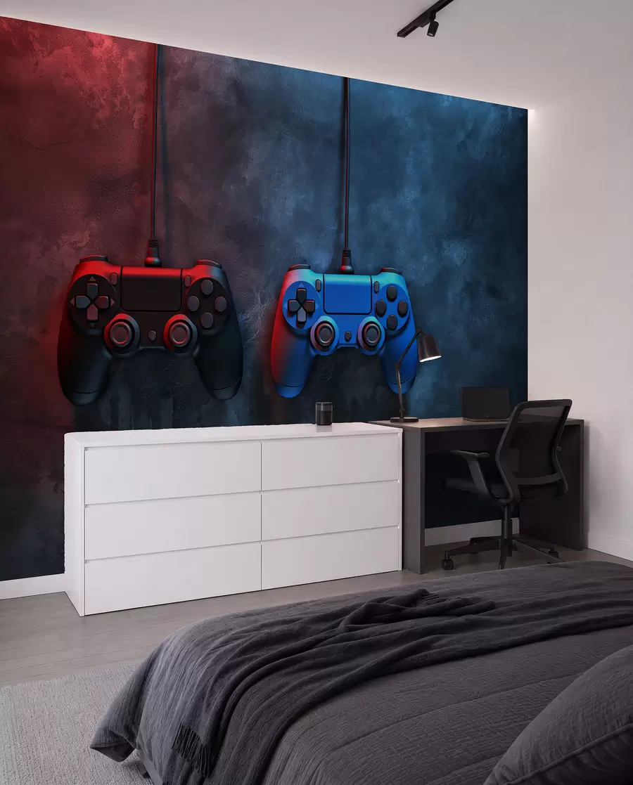 Fotobehang zwart en blauw DualShock op een donkere achtergrond w01189