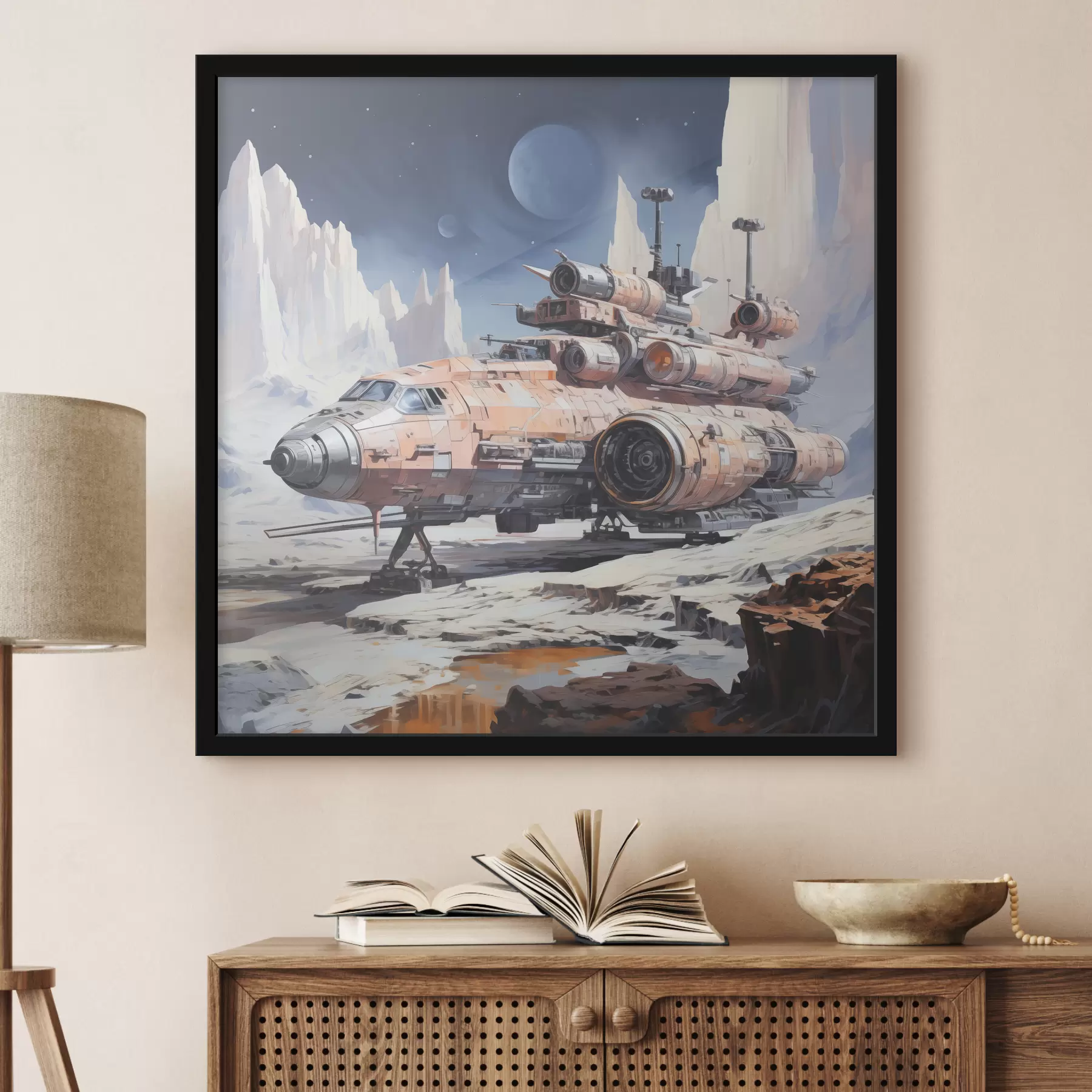 Fotobehang Een cyberpunk ruimteschip staat op het oppervlak van de maan in de ruimte tussen bergen, blauw, beige, witte kleur f39114