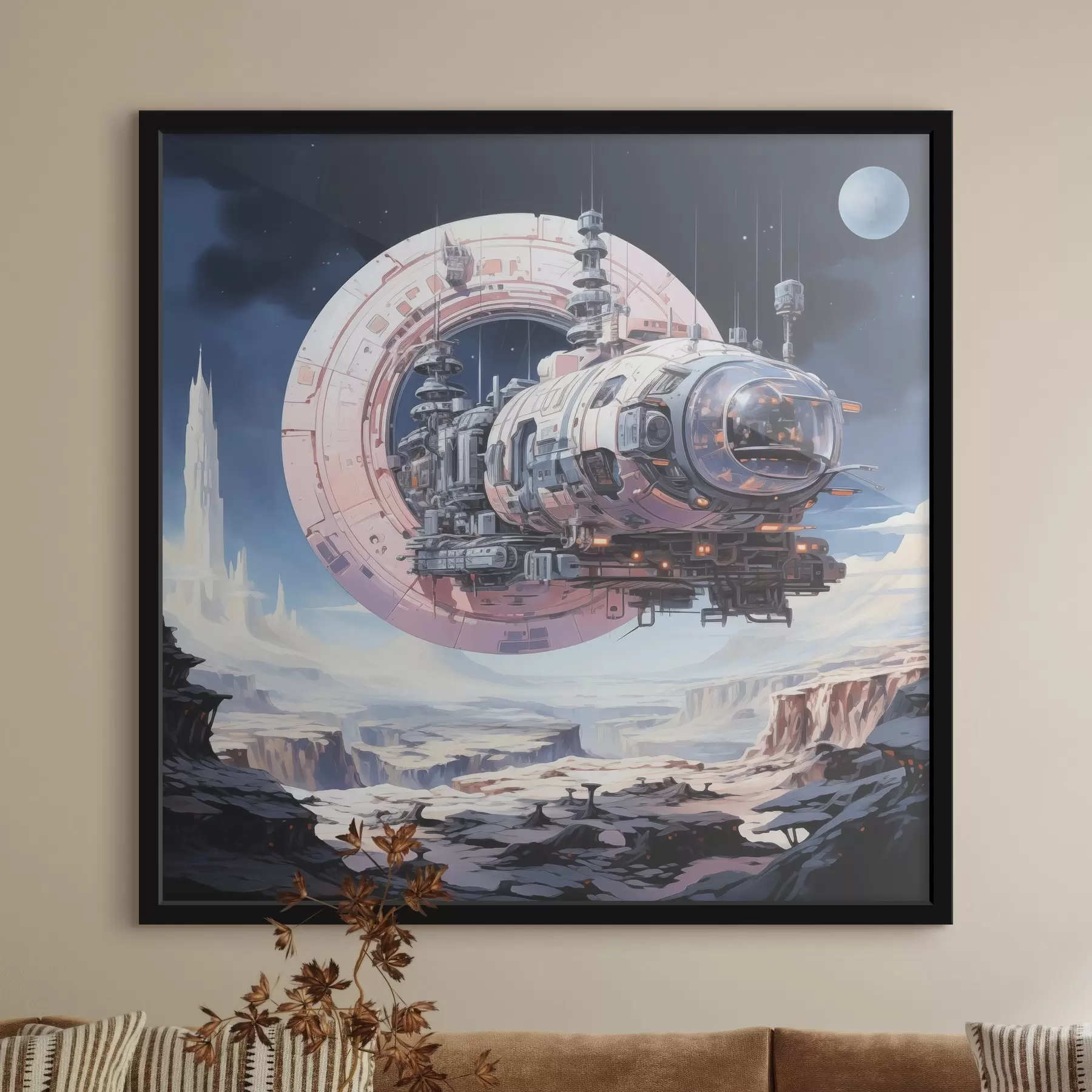Fotobehang Cyberpunk stijl ruimteschip vliegt in de ruimte over asteroïde en planeet, blauw, beige, roze, witte kleur f39115