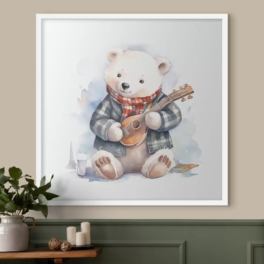 Fotobehang IJsbeer muzikant in een blauw geruit pak en rode sjaal speelt gitaar aquarel illustratie voor kinderen f39120