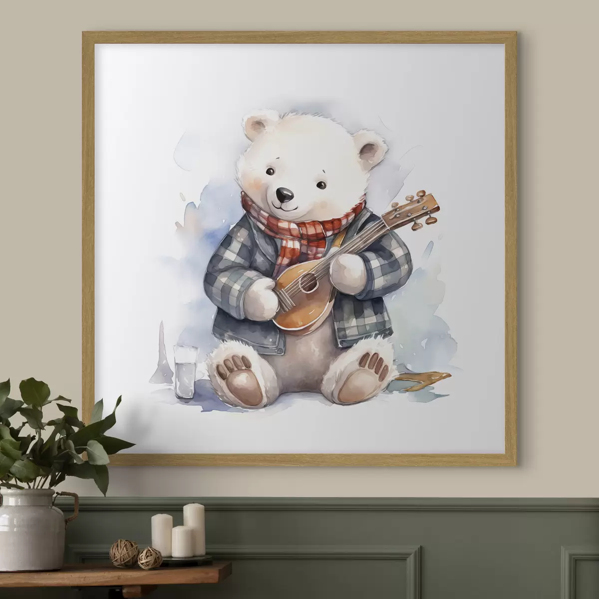 Poster IJsbeer muzikant in een blauw geruit pak en rode sjaal speelt gitaar aquarel illustratie voor kinderen f39120