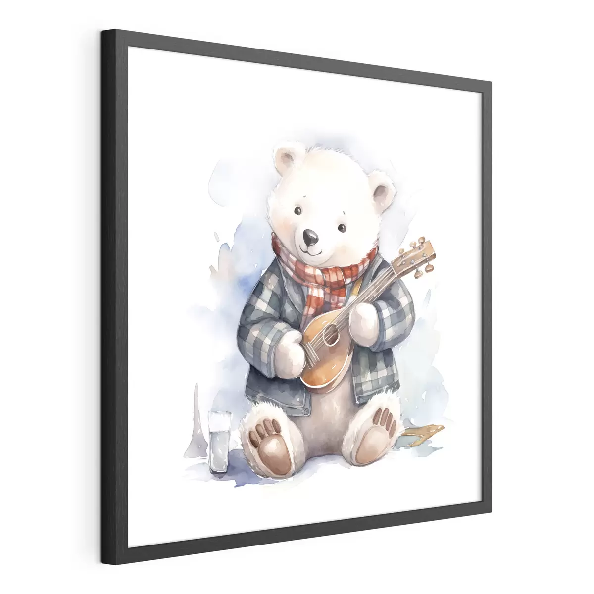 Poster IJsbeer muzikant in een blauw geruit pak en rode sjaal speelt gitaar aquarel illustratie voor kinderen f39120
