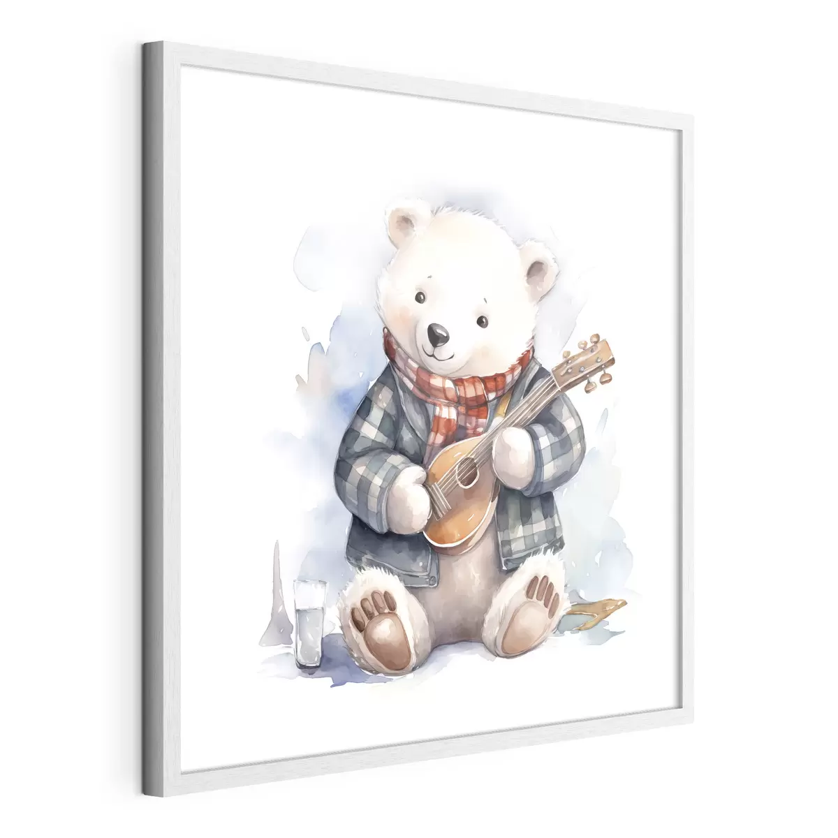 Poster IJsbeer muzikant in een blauw geruit pak en rode sjaal speelt gitaar aquarel illustratie voor kinderen f39120