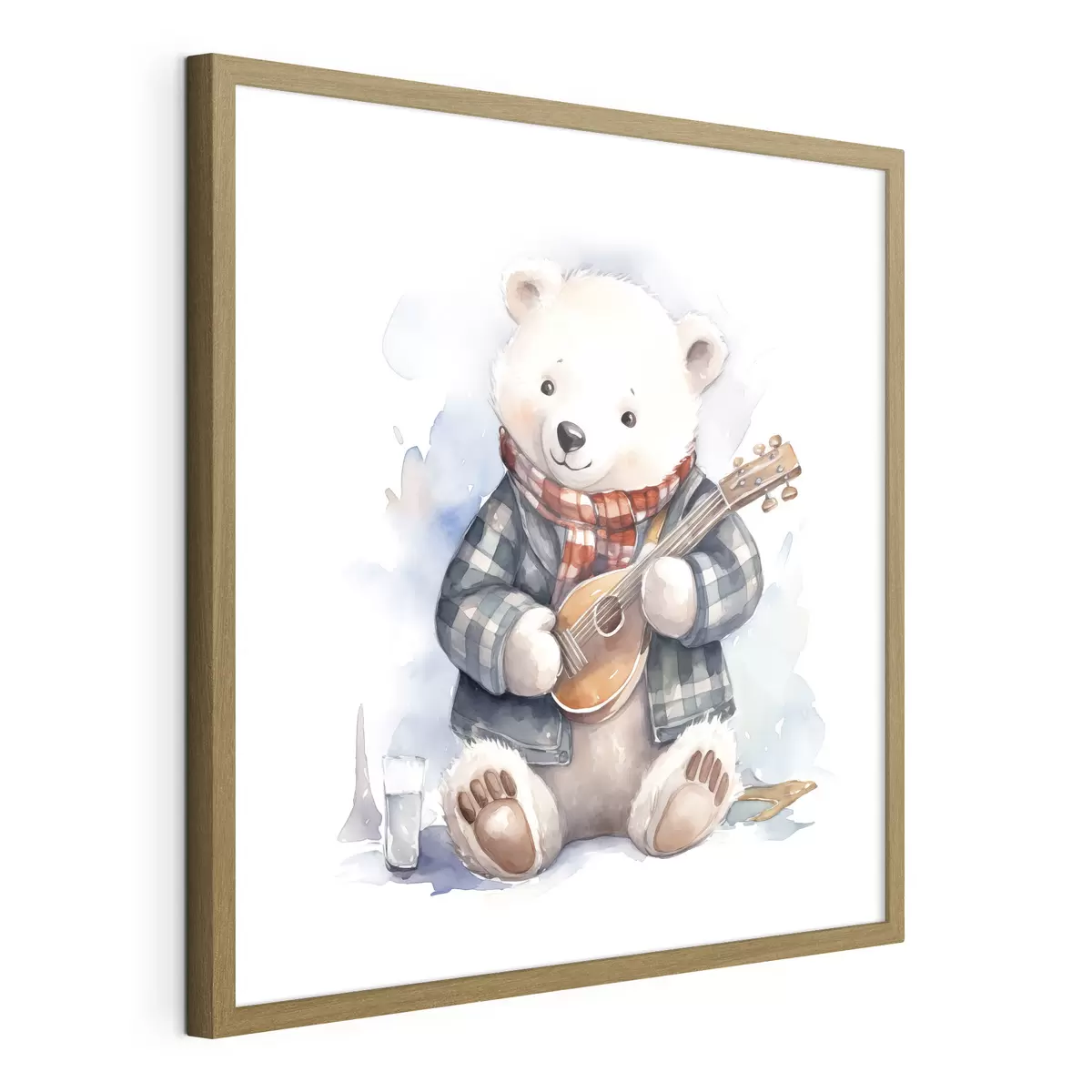 Poster IJsbeer muzikant in een blauw geruit pak en rode sjaal speelt gitaar aquarel illustratie voor kinderen f39120