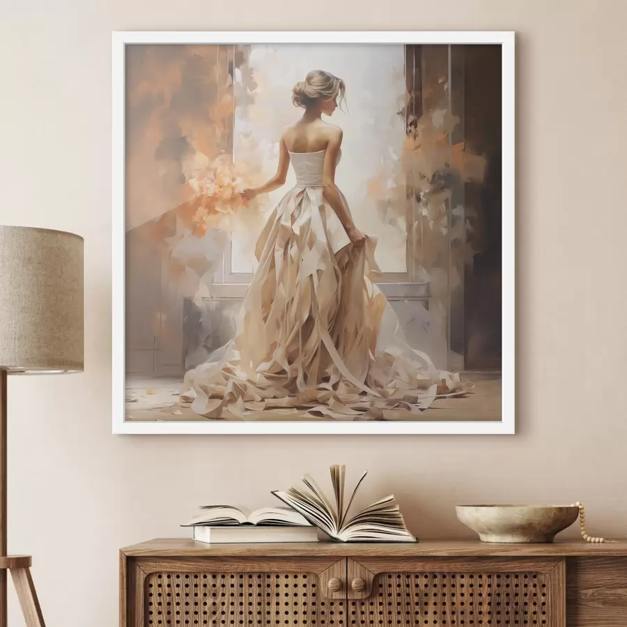 Fotobehang Een meisje in een witte trouwjurk staat bij het raam tussen het vuur en schildert met de hand f39125