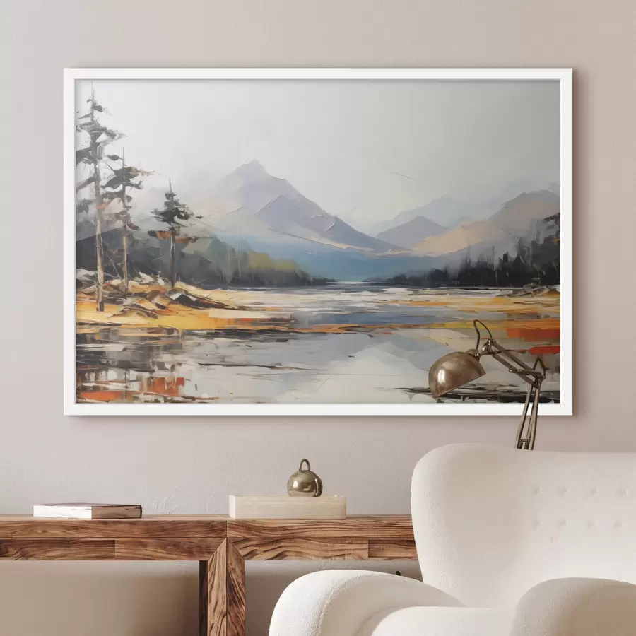 Fotobehang Bergketens in de vallei olieverfschilderij, landschap, natuur, blauw, wit gele kleur f39128