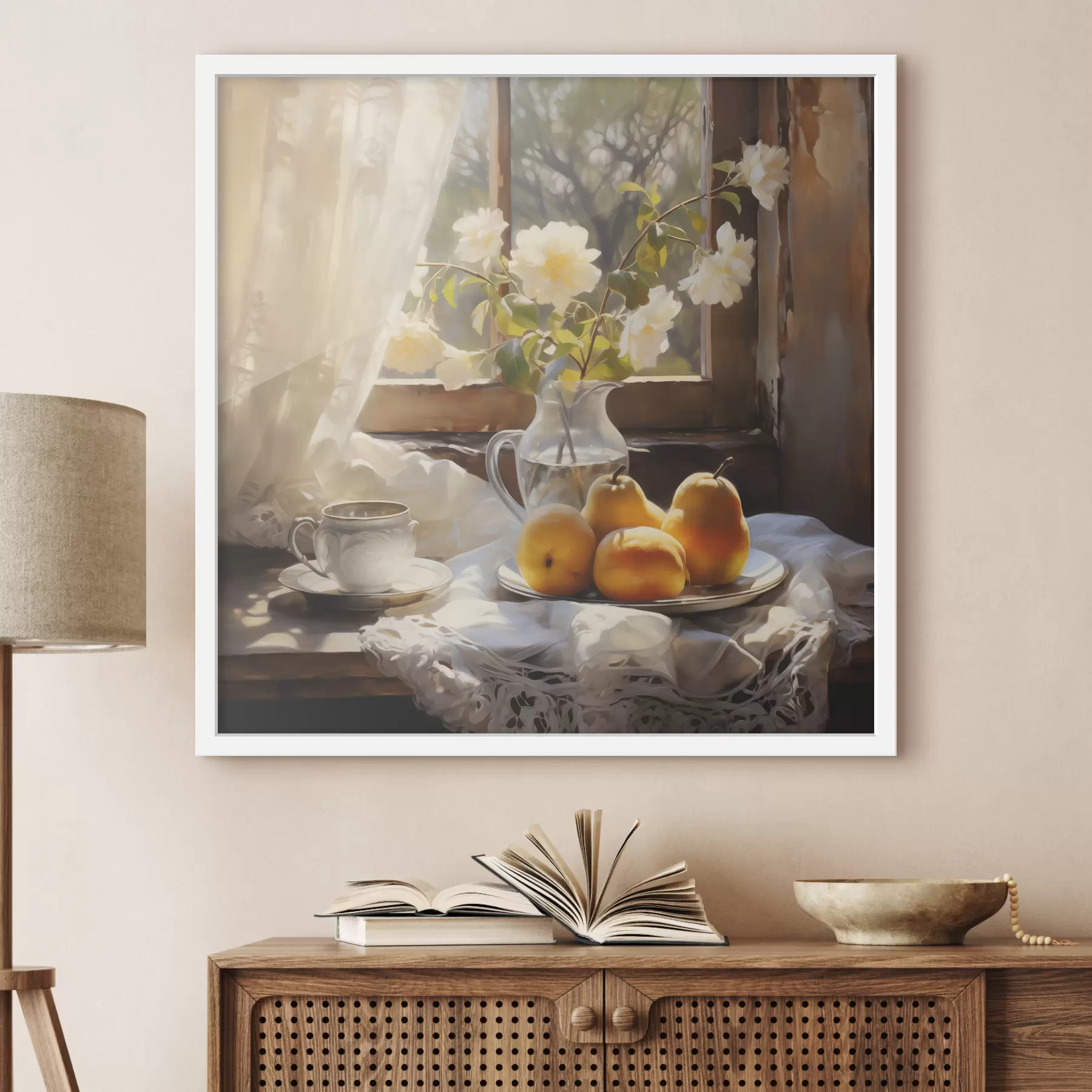 Fotobehang Rustiek stilleven met gele rijpe peren op een bord op een tafel bij het raam, witte rozen in een glazen kan, witte kanten gordijnen f39129
