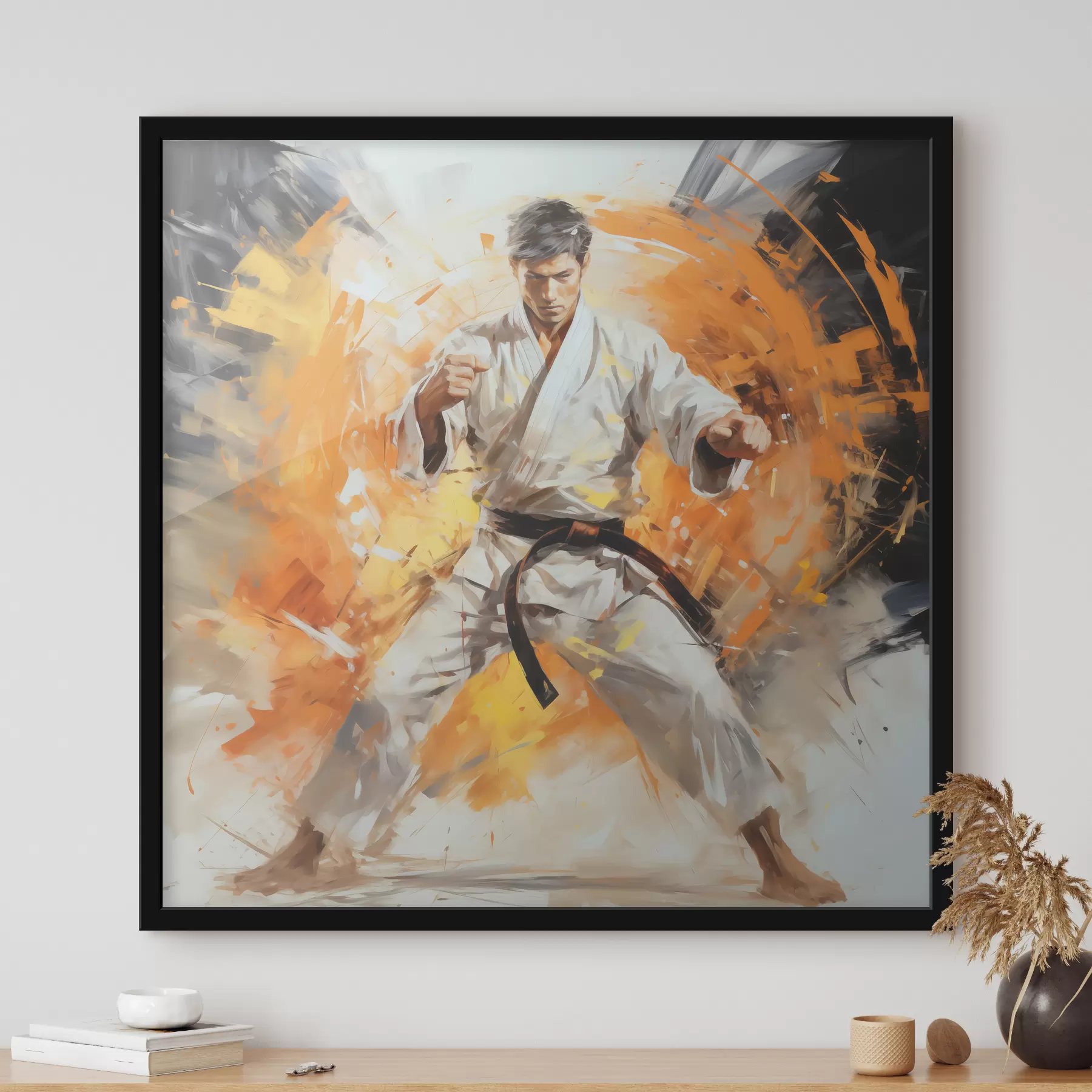Fotobehang Karateka in een wit pak met een zwarte band olieverfschilderij abstracte kunst, oranje en zwarte kleur f39185