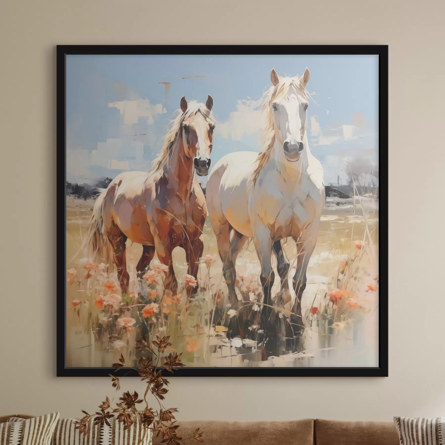  Schilderijen Witte en bruine paarden grazen in een weide tussen wilde bloemen, olieverfschilderij, abstracte kunst f39187