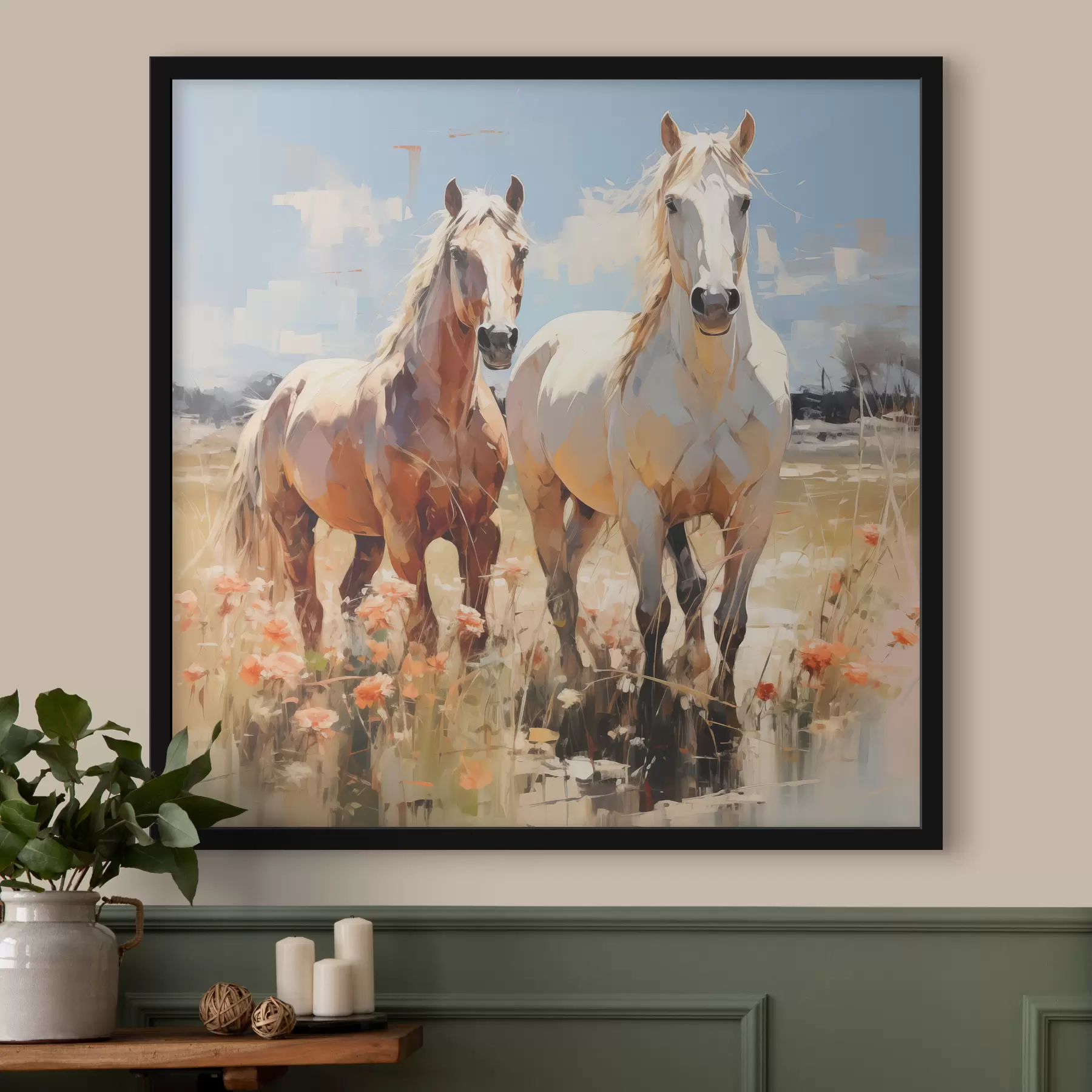 Fotobehang Witte en bruine paarden grazen in een weide tussen wilde bloemen, olieverfschilderij, abstracte kunst f39187