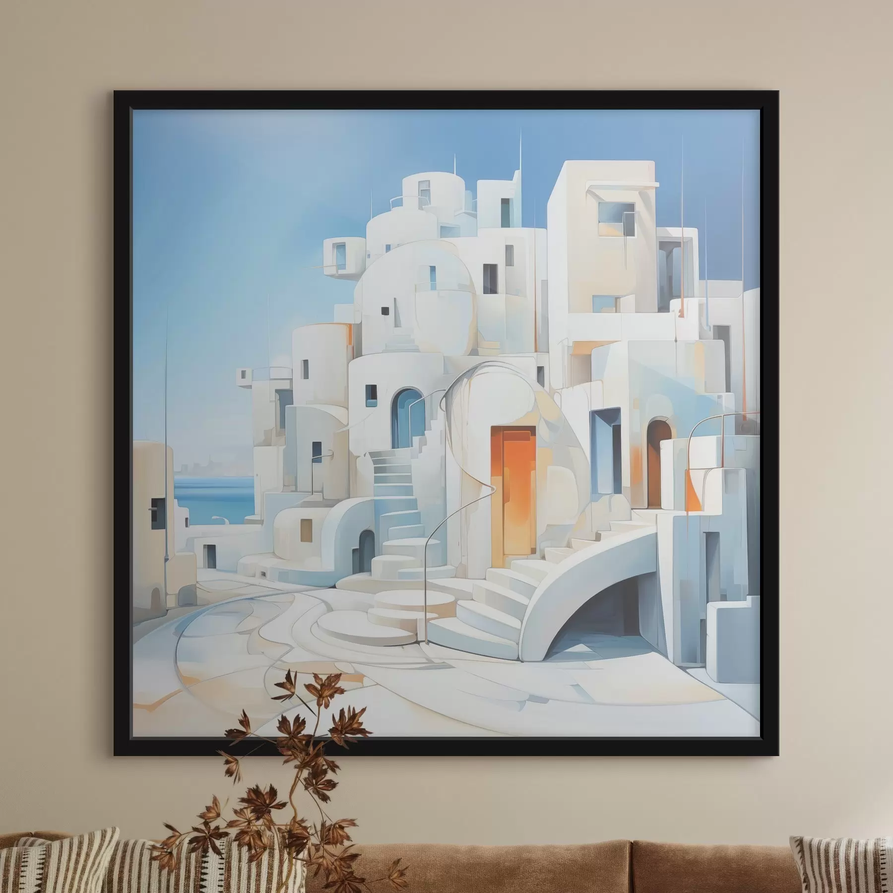 Fotobehang Abstracte witte stad aan zee, architectuur, gebouw, blauwe kleur f39188