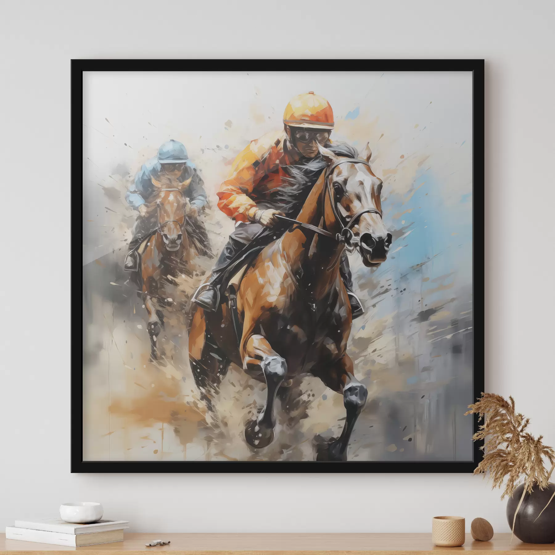 Fotobehang Ruiters galopperen op paarden bij de hippodroom, mensen, olieverfschilderij, blauw, oranje, bruin f39190