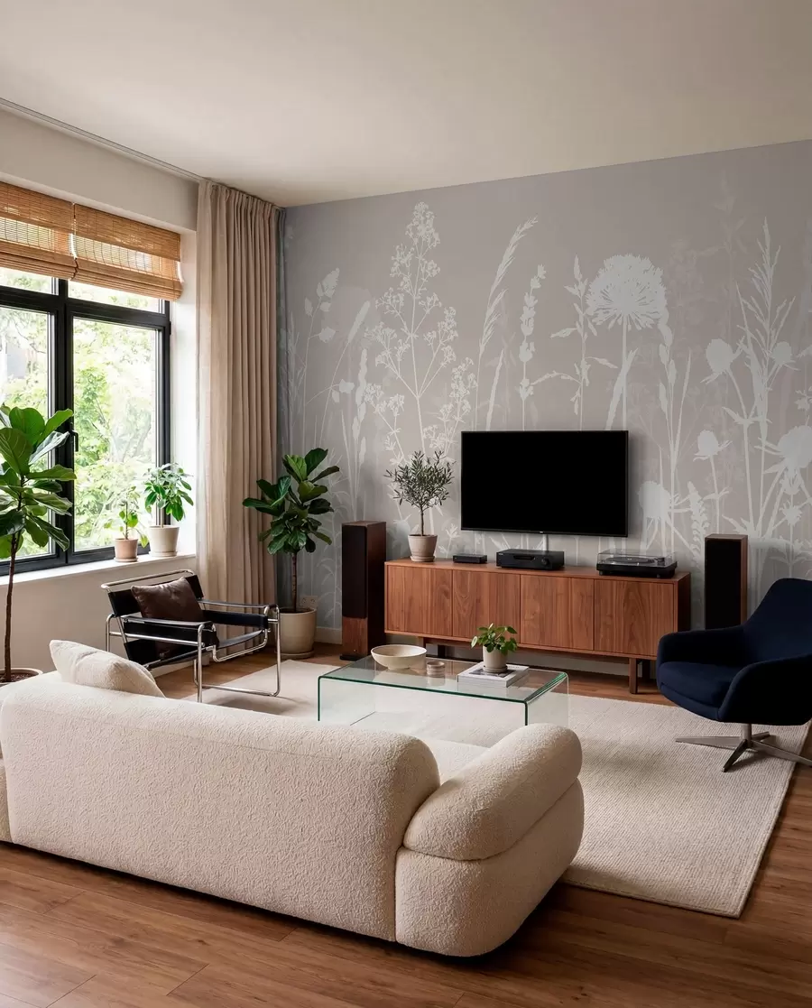 Fotobehang Witte veldbloemsilhouetten w01270
