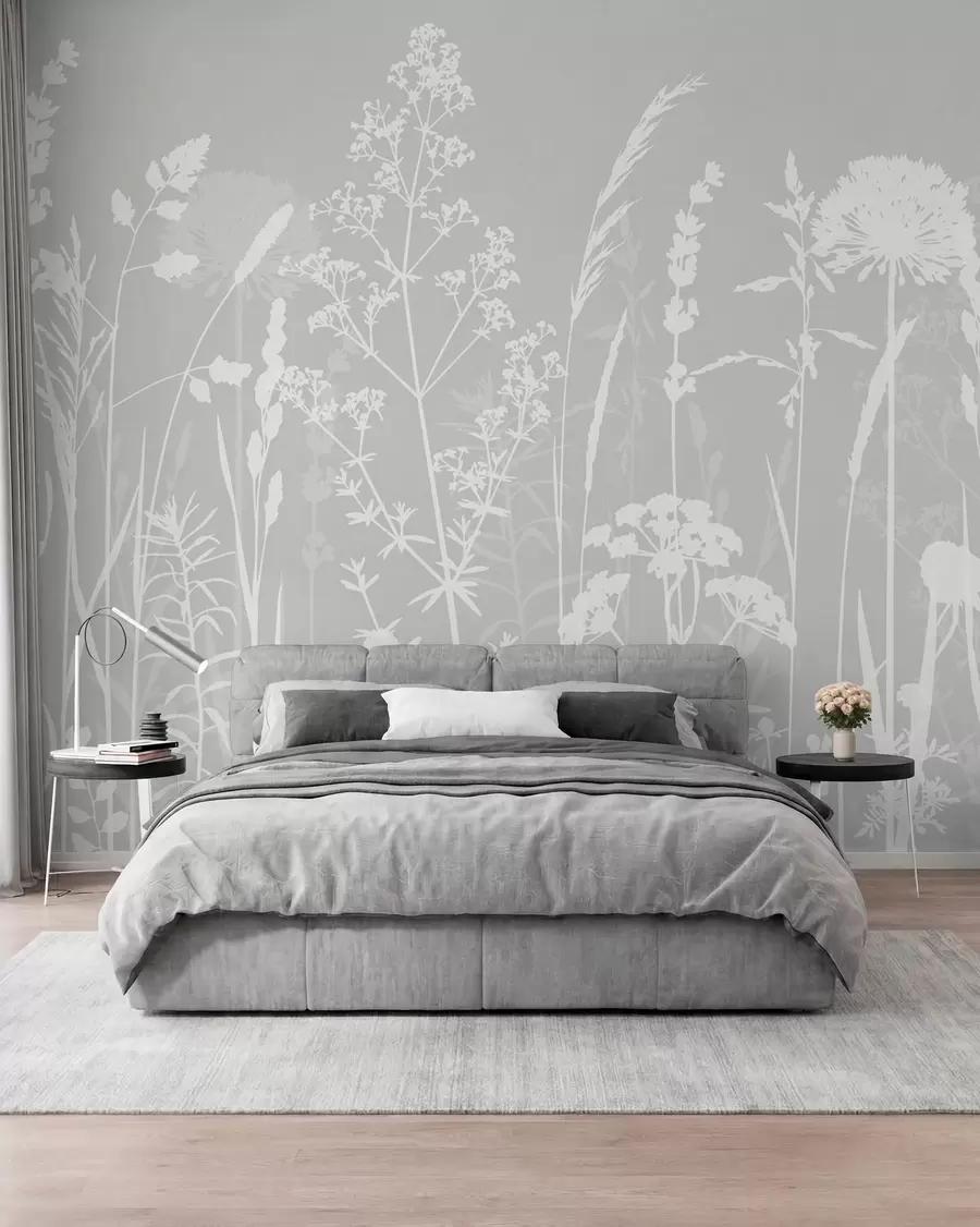 Fotobehang Zachte veldplanten en bloemen minimalisme grijze kleur w01270v1