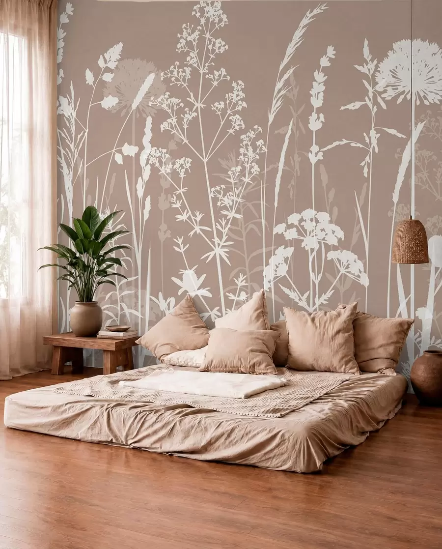 Fotobehang Bloemsilhouetten op taupe w01270v3