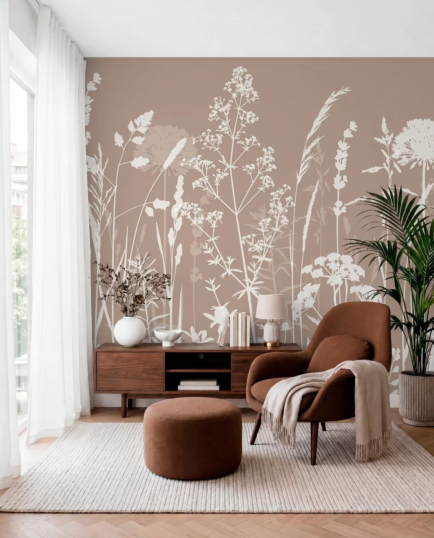 Fotobehang Bloemsilhouetten op taupe w01270v3