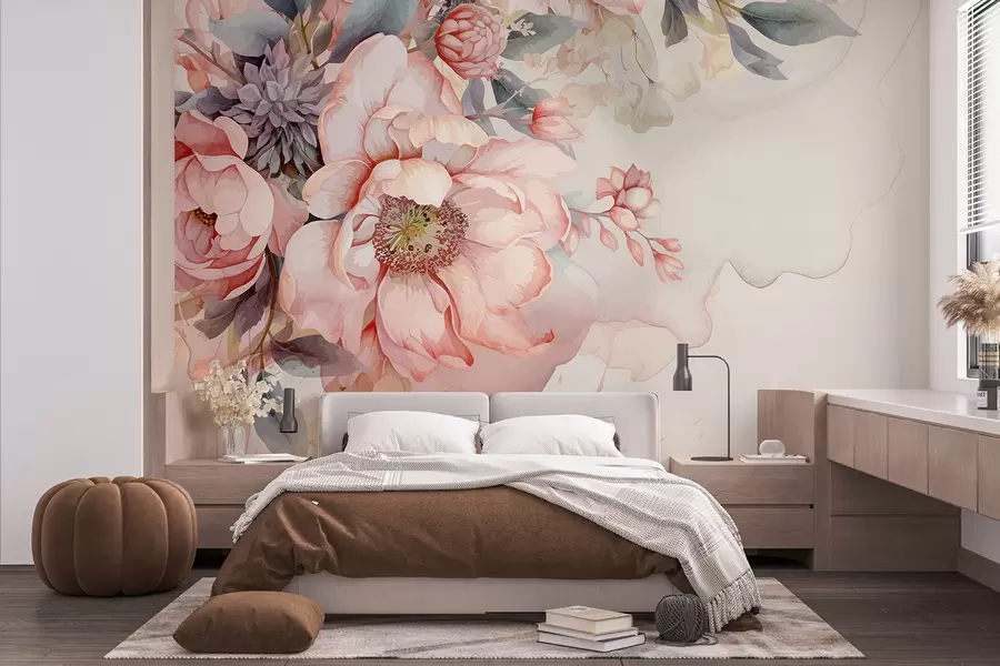 Fotobehang Aquarelroze pioenrozen met delicate bloemblaadjes, omgeven door weelderig pastelgroen en andere bloemen  w01245