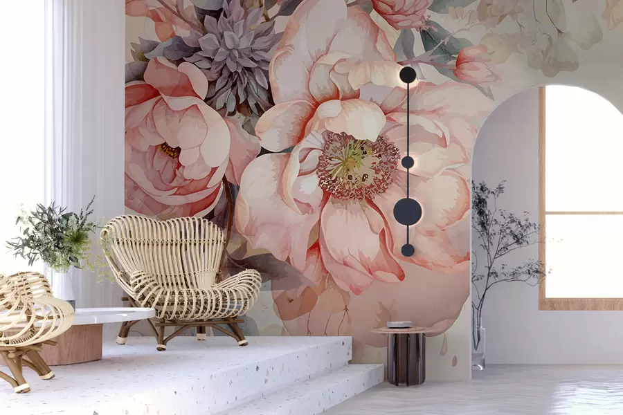 Fotobehang Aquarelroze pioenrozen met delicate bloemblaadjes, omgeven door weelderig pastelgroen en andere bloemen  w01245