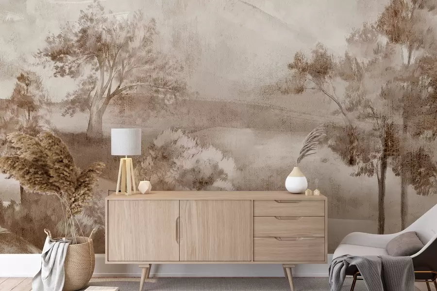 Fotobehang Landschapsschilderij van een mistig landschap omringd door weelderige bomen en gebladerte in bruintinten w01247