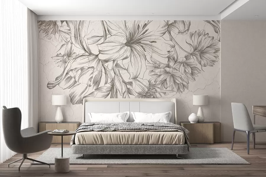 Fotobehang Een zwart-witte schetstekening van grote bloemen grafische print  w01253