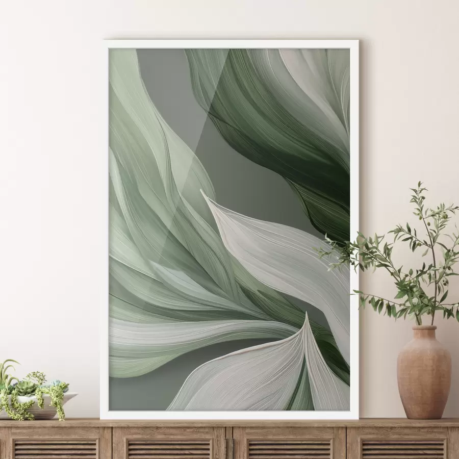 Fotobehang volumineuze abstracte sluier in witte en groene kleuren f39327
