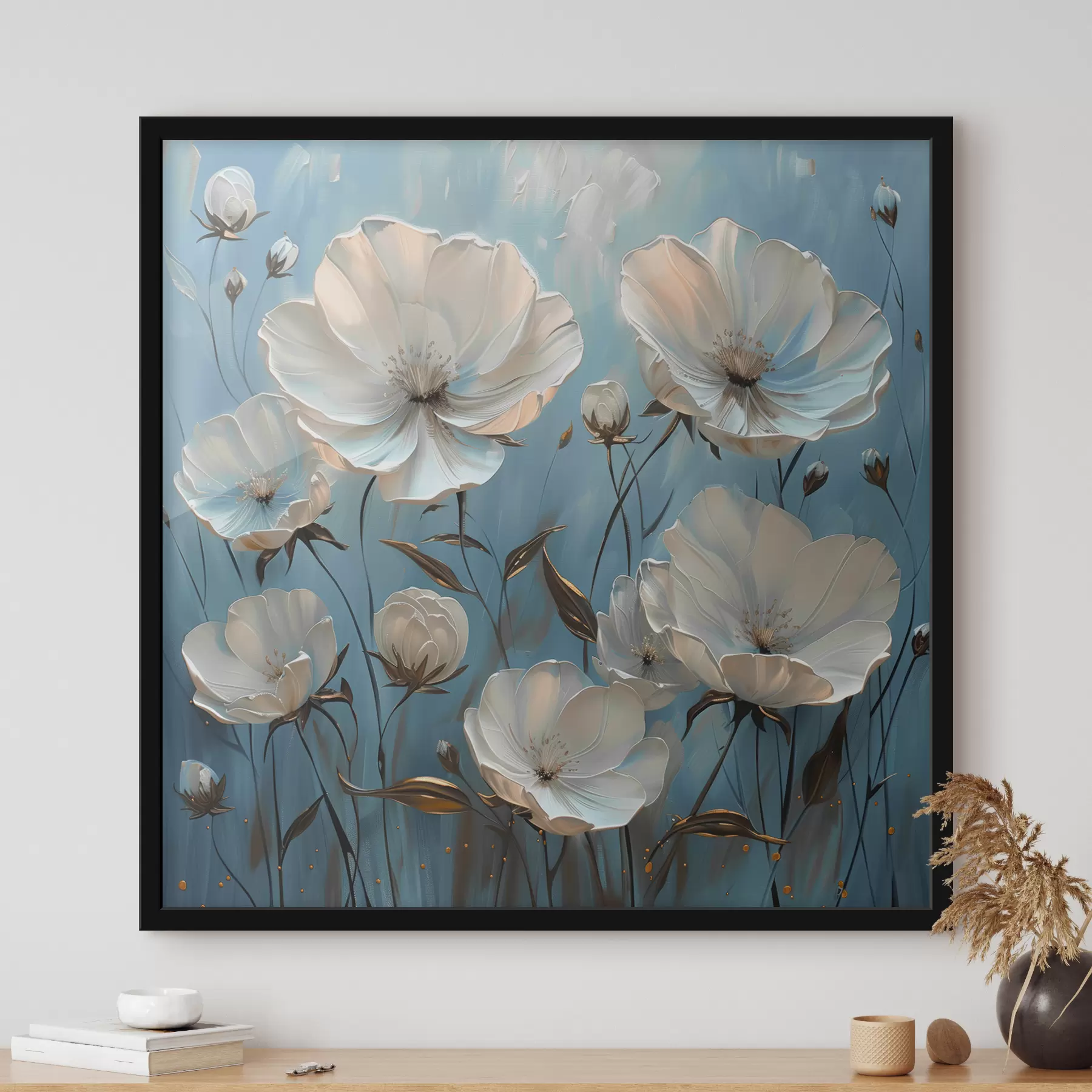 Fotobehang Witte bloemen op blauwe achtergrond f39246