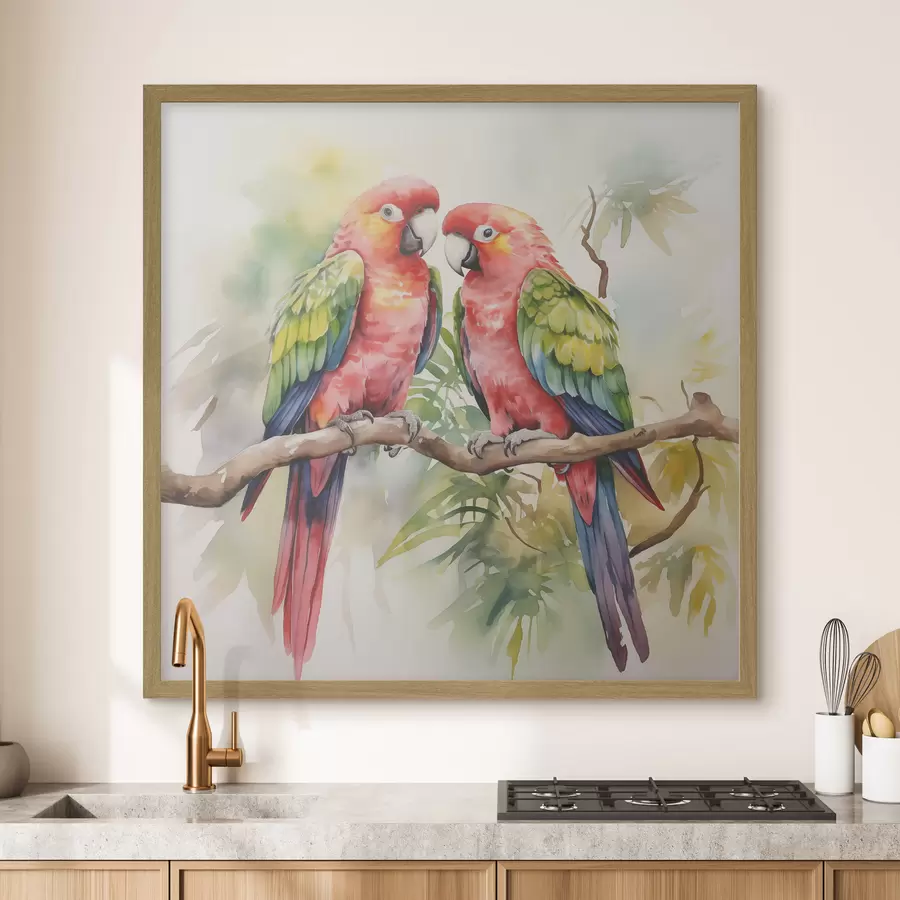 Fotobehang Twee heldere ara papegaaien zittend op een aquarel schilderij op een tak f39333
