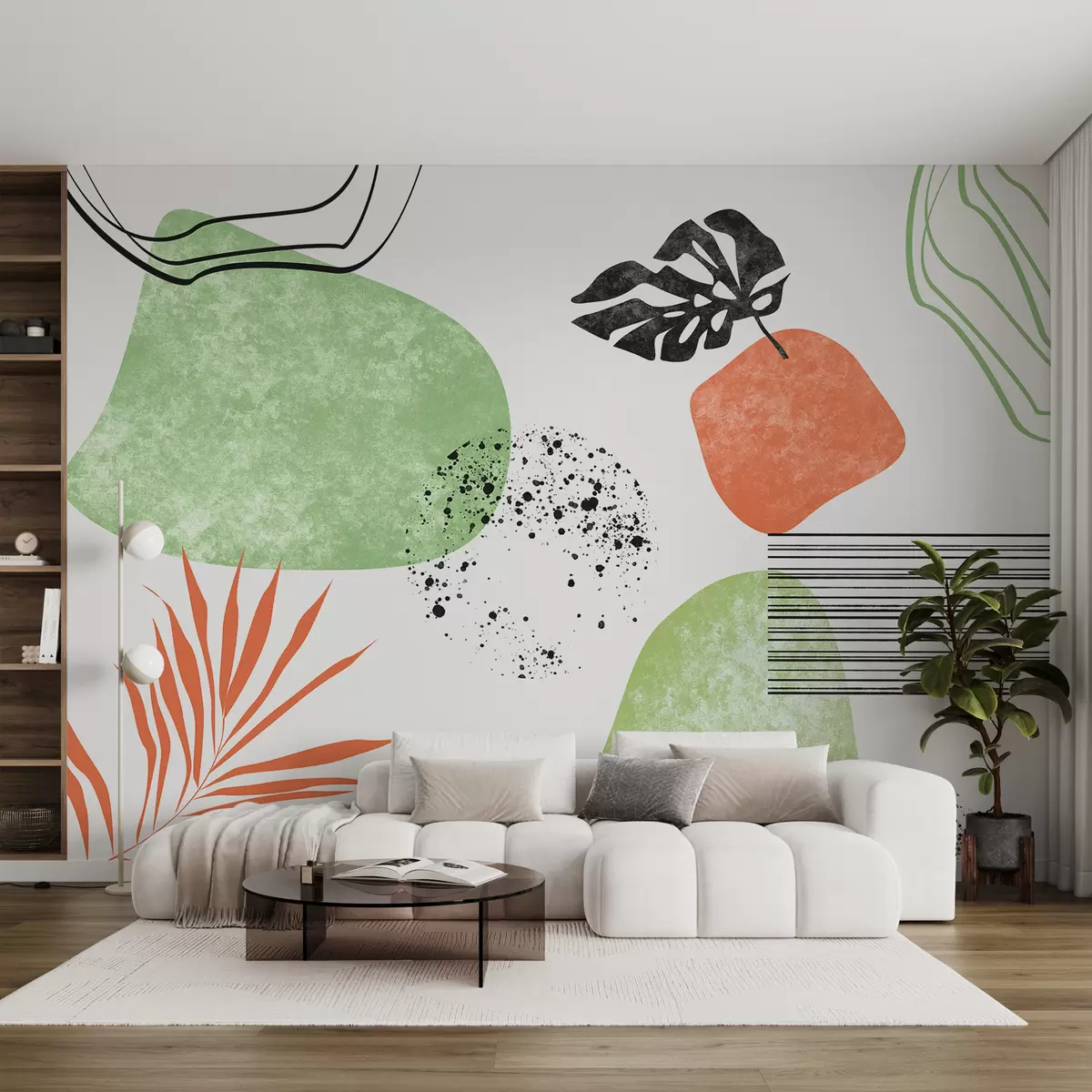 Fotobehang Boho abstractie, textuurvlekken, gebogen lijnen, tropische bladeren, inktvlekken, zwarte, groene en rode kleur w01298