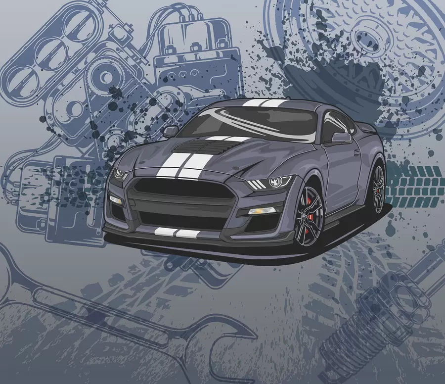 Fotobehang Kinderbehang voor tieners met auto en grafische letters in blauw w01218