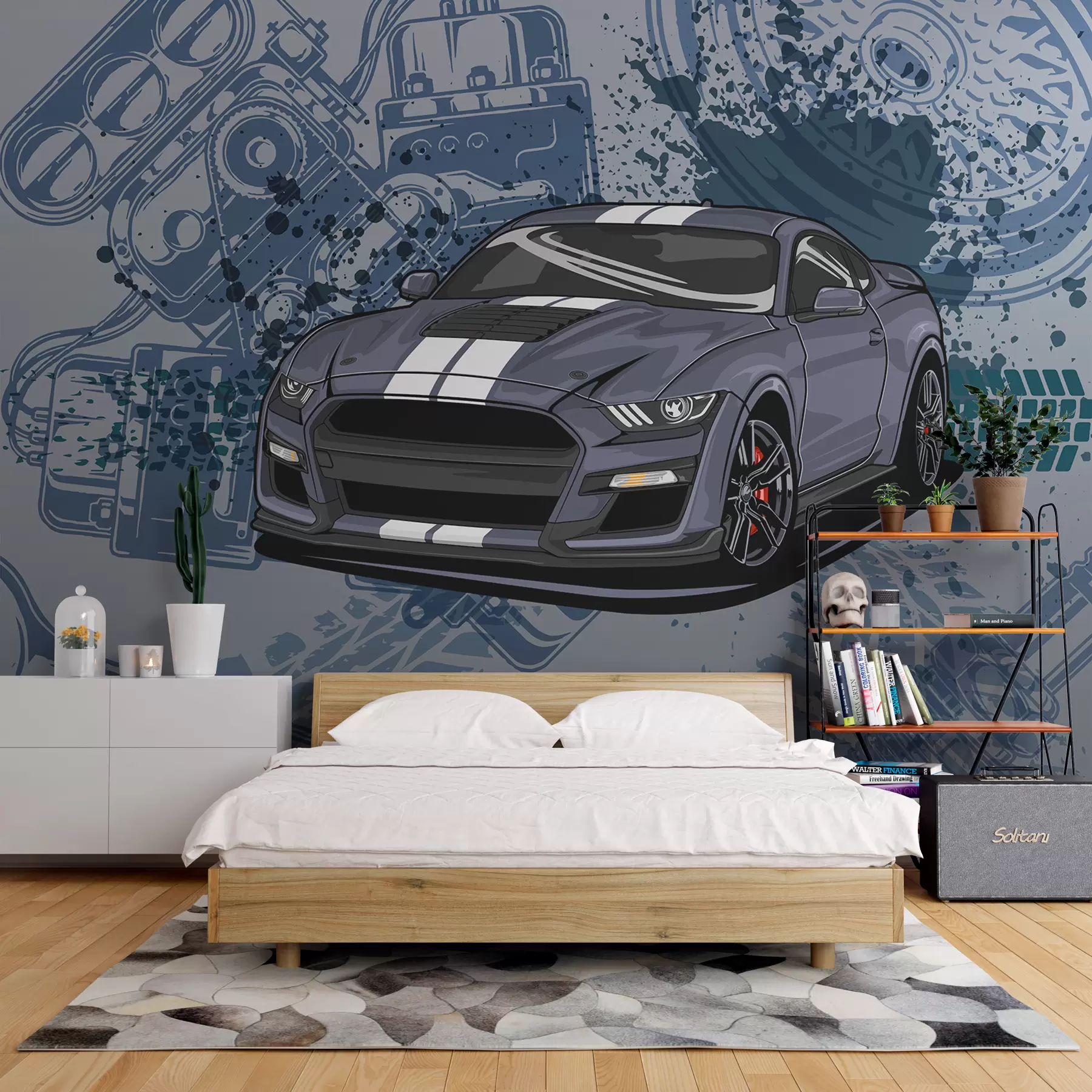Fotobehang Kinderbehang voor tieners met auto en grafische letters in blauw w01218